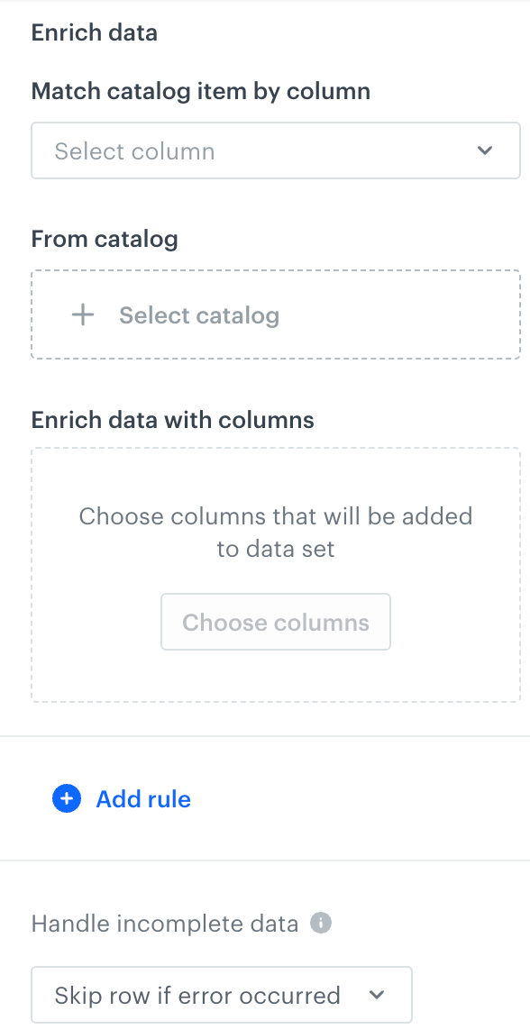 The configuration form in the Enrich with catalog node