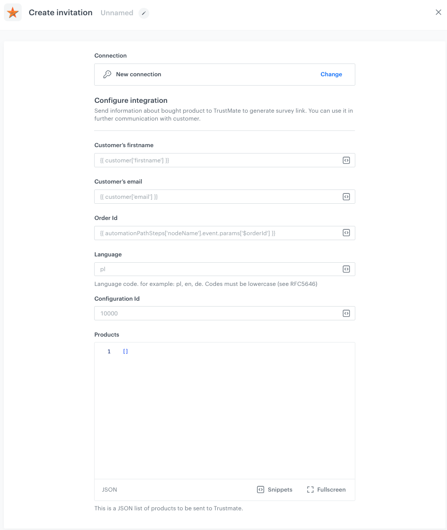 A blank configuration form in the Create Invitation node