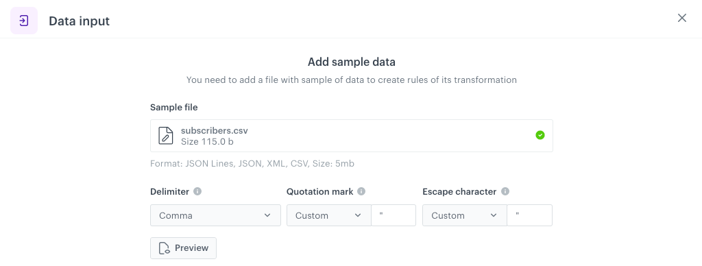 Configuration of the Data Input node