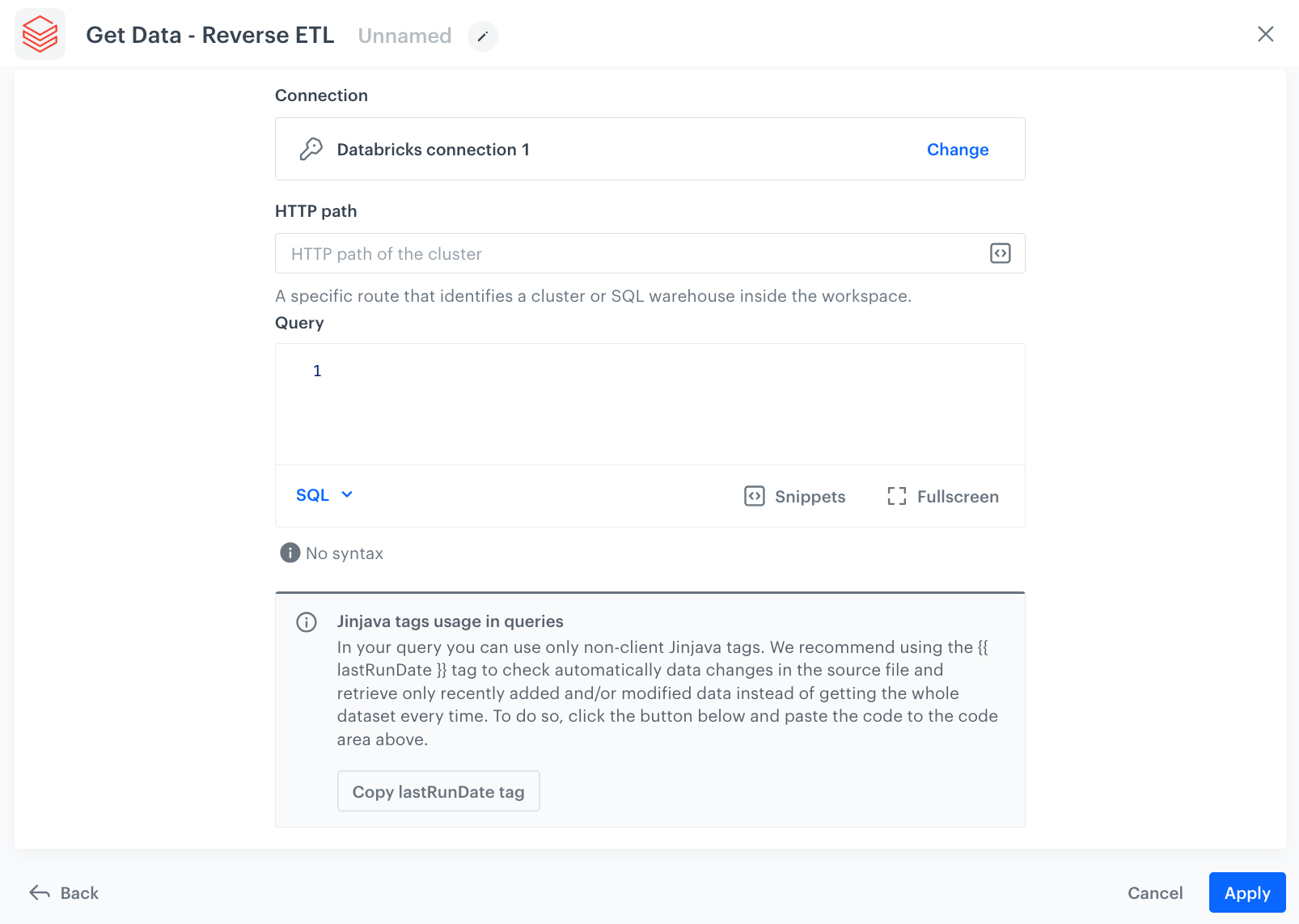 A blank configuration form in Databricks Get Data Reverse ETL node