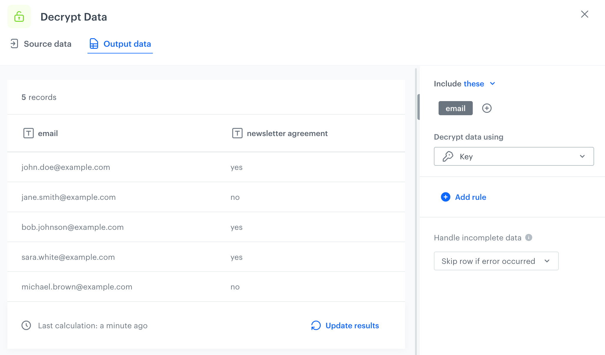 Output of the transformation performed within the Decrypt Data node
