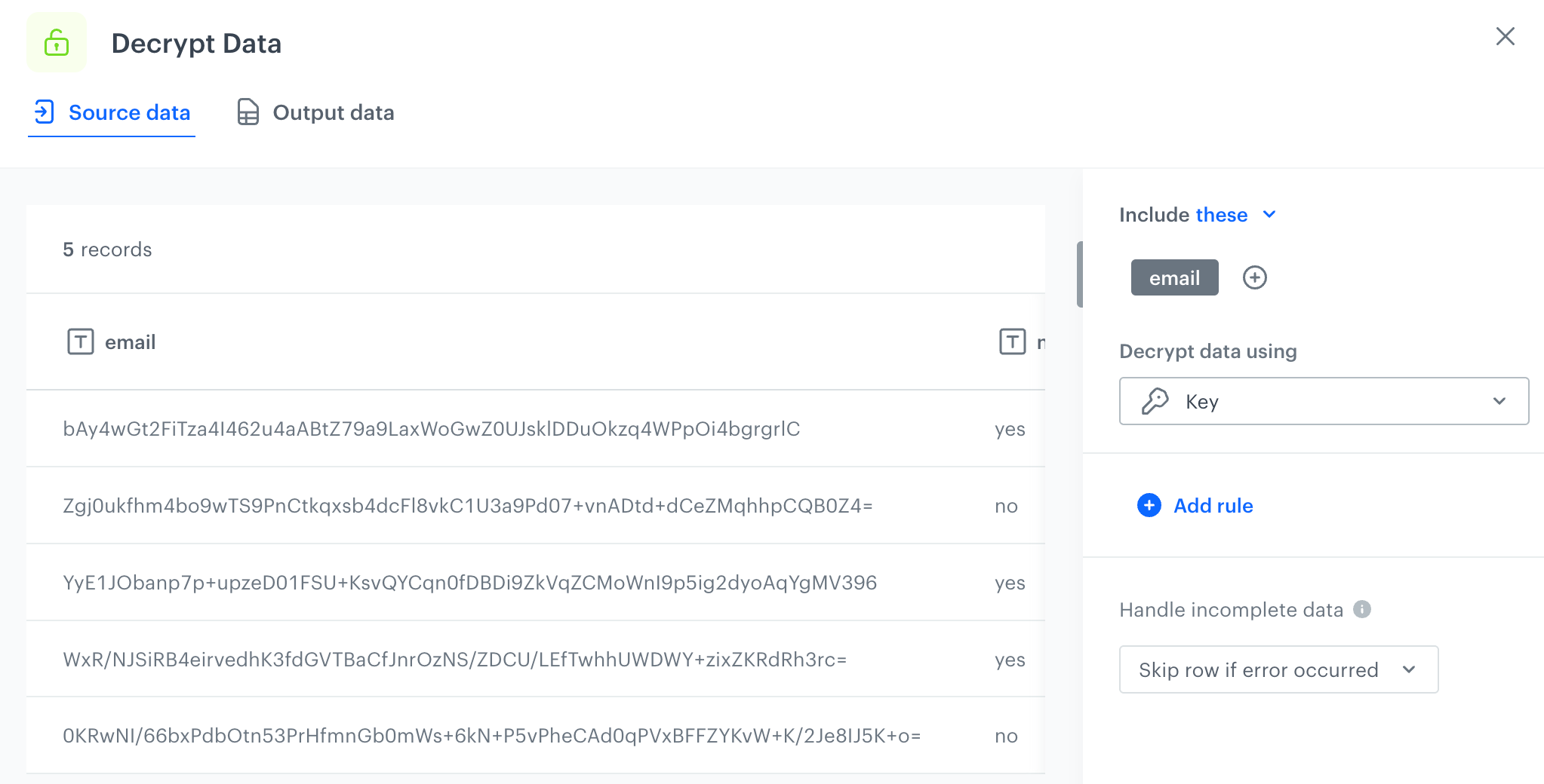 Configuration of the Decrypt Data node