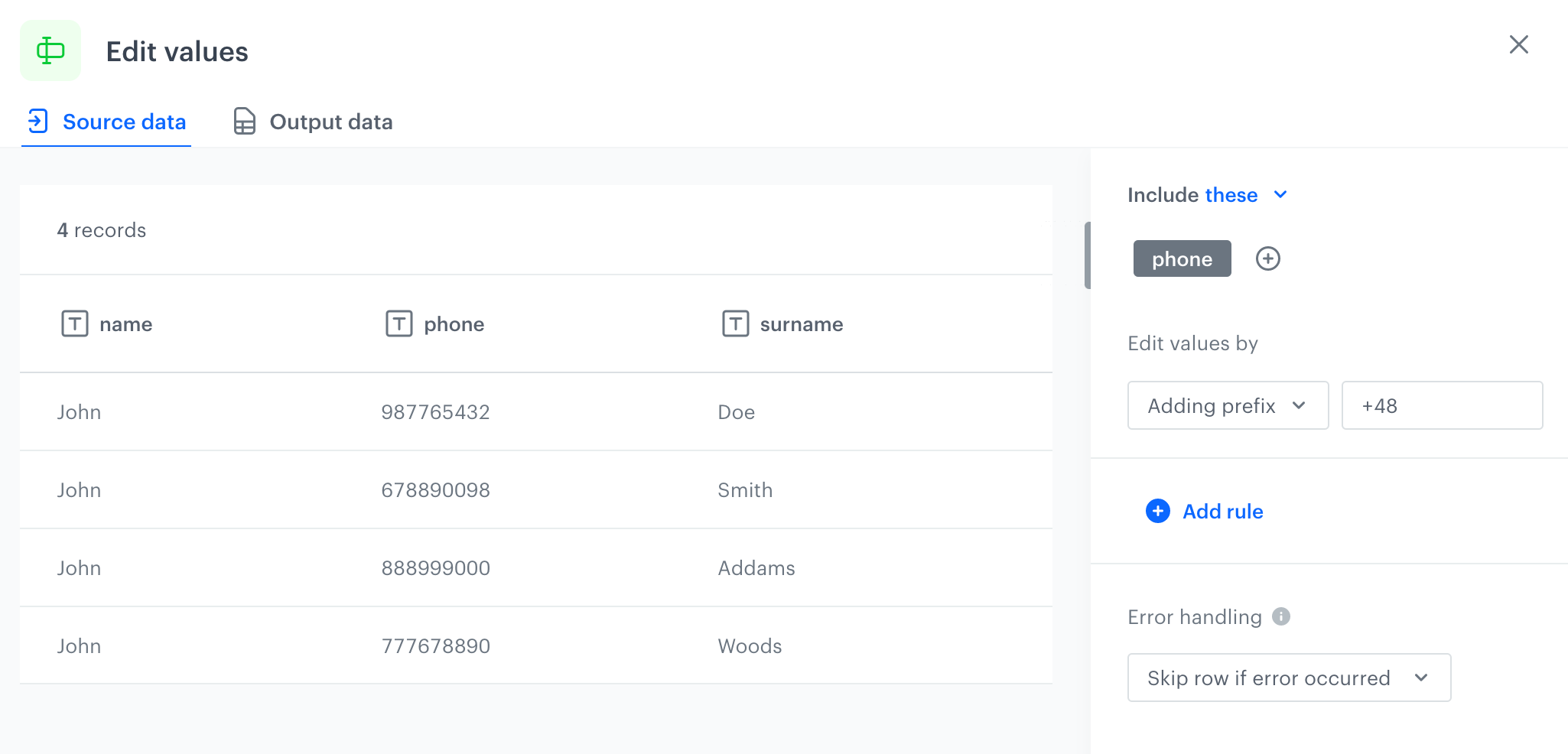 Configuration of two rules in the Edit values node