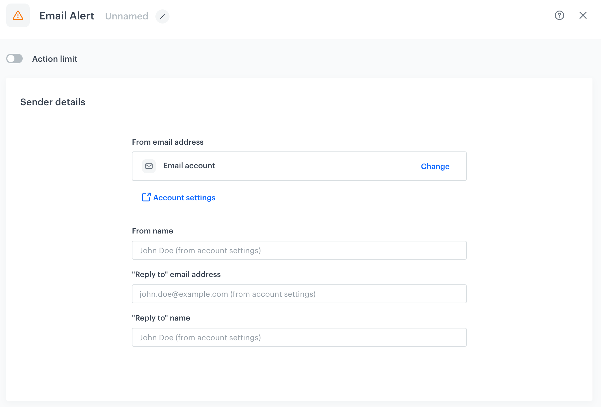 Blank Email Alert configuration form