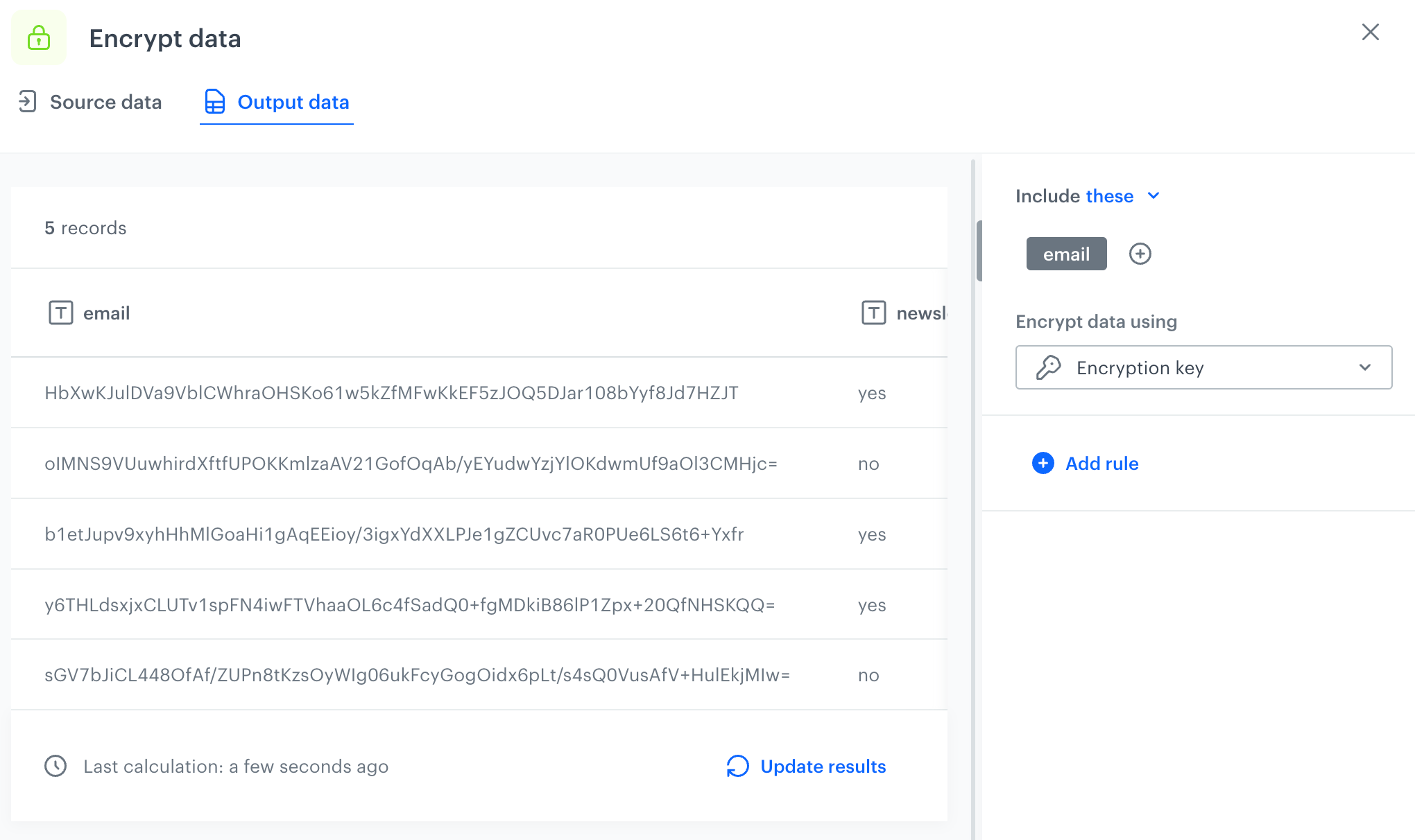 Output of the transformation performed within the Encrypt Data node