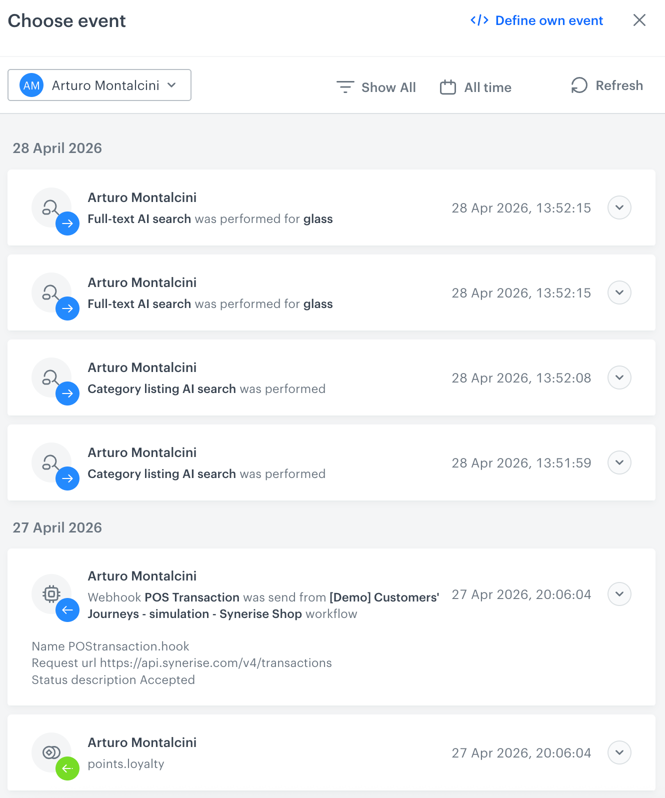A stream of events of a test profile