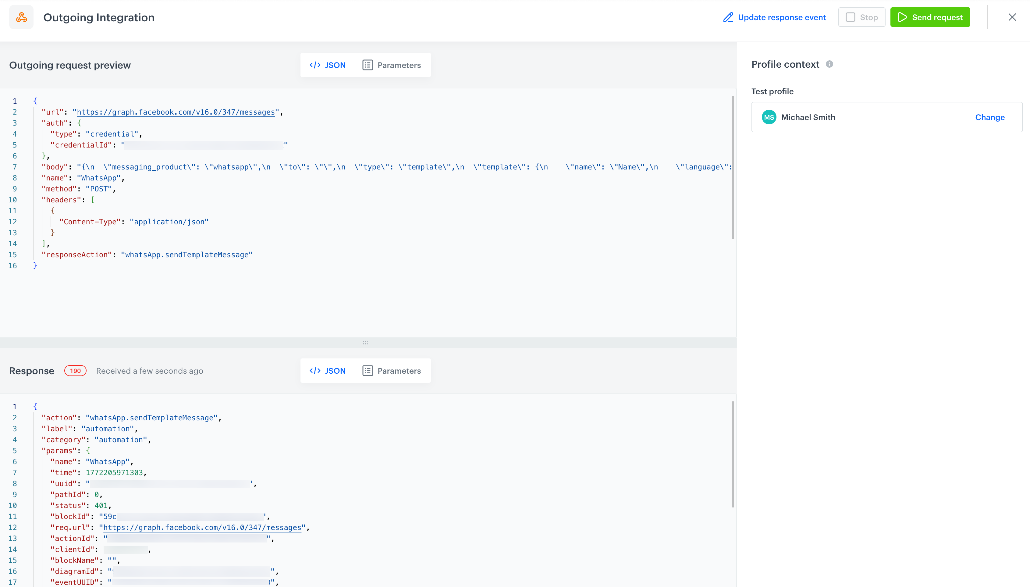 A preview of a response to a test request in a test request builder