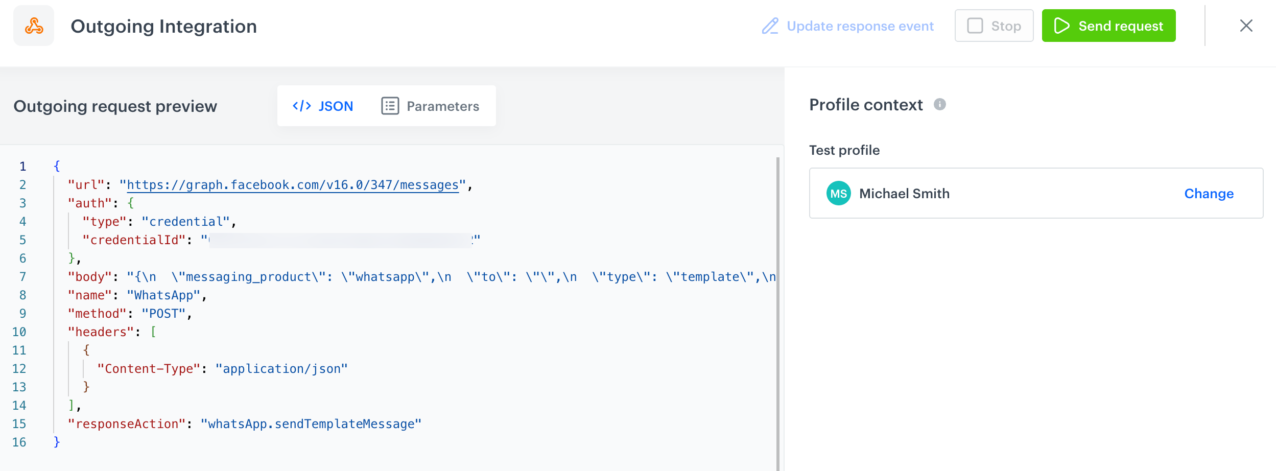 A preview of a request body in a test request builder
