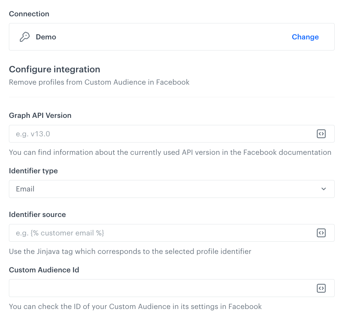 A blank configuration form in Remove Profiles from Custom Audience