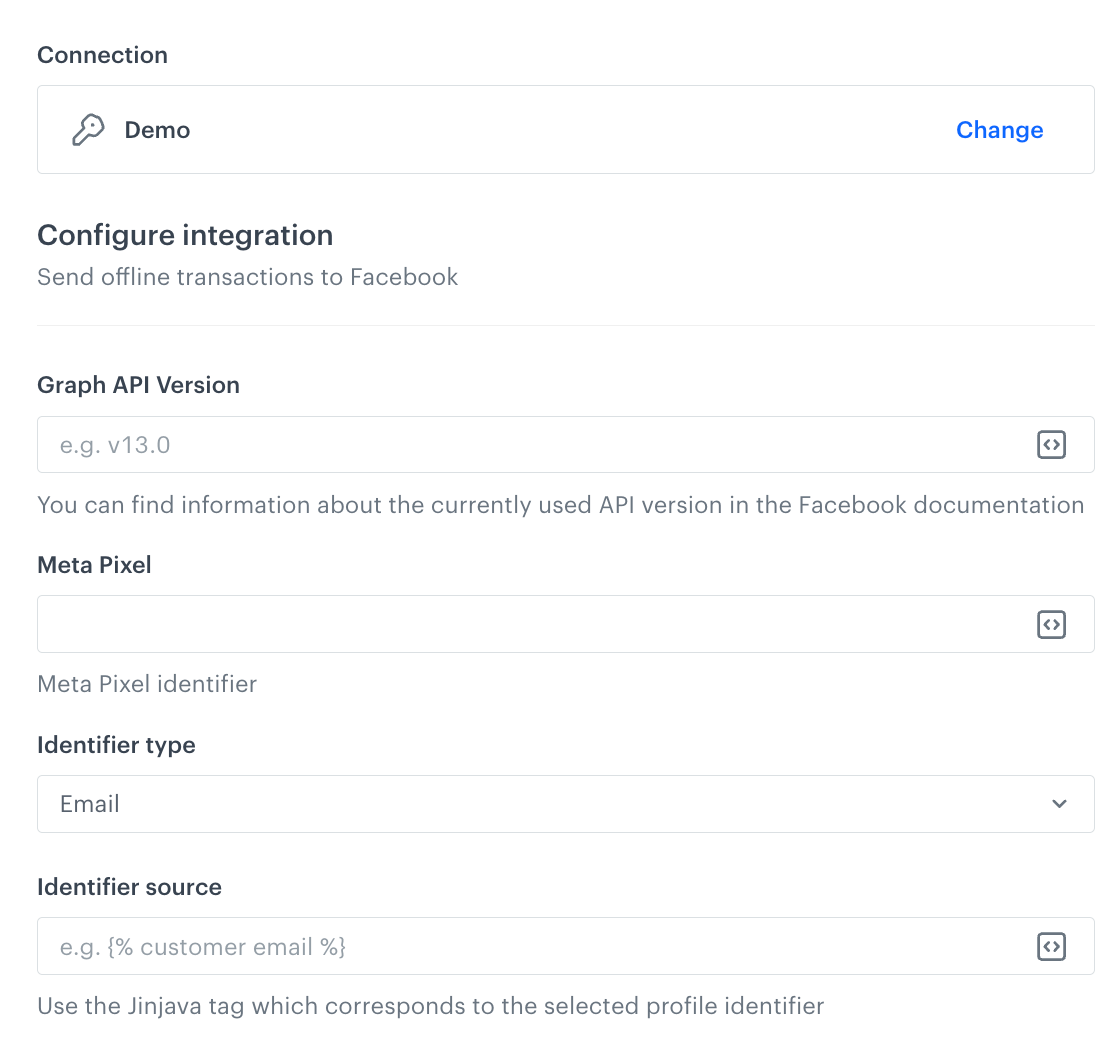 A blank configuration form in Send Offline Transactions (Facebook)