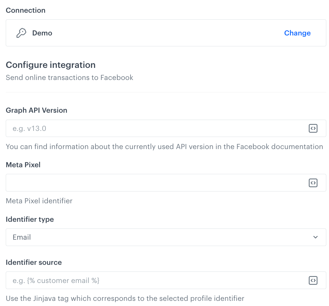 A blank configuration form in Send Online Transactions (Facebook)