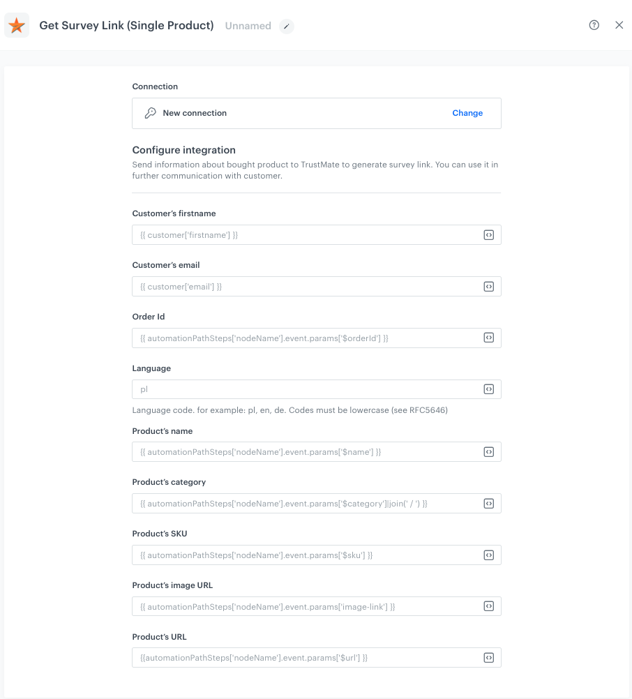 A blank configuration form in the Get Survey Link node