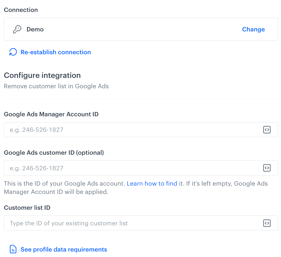 A blank configuration form in Remove from Customer List