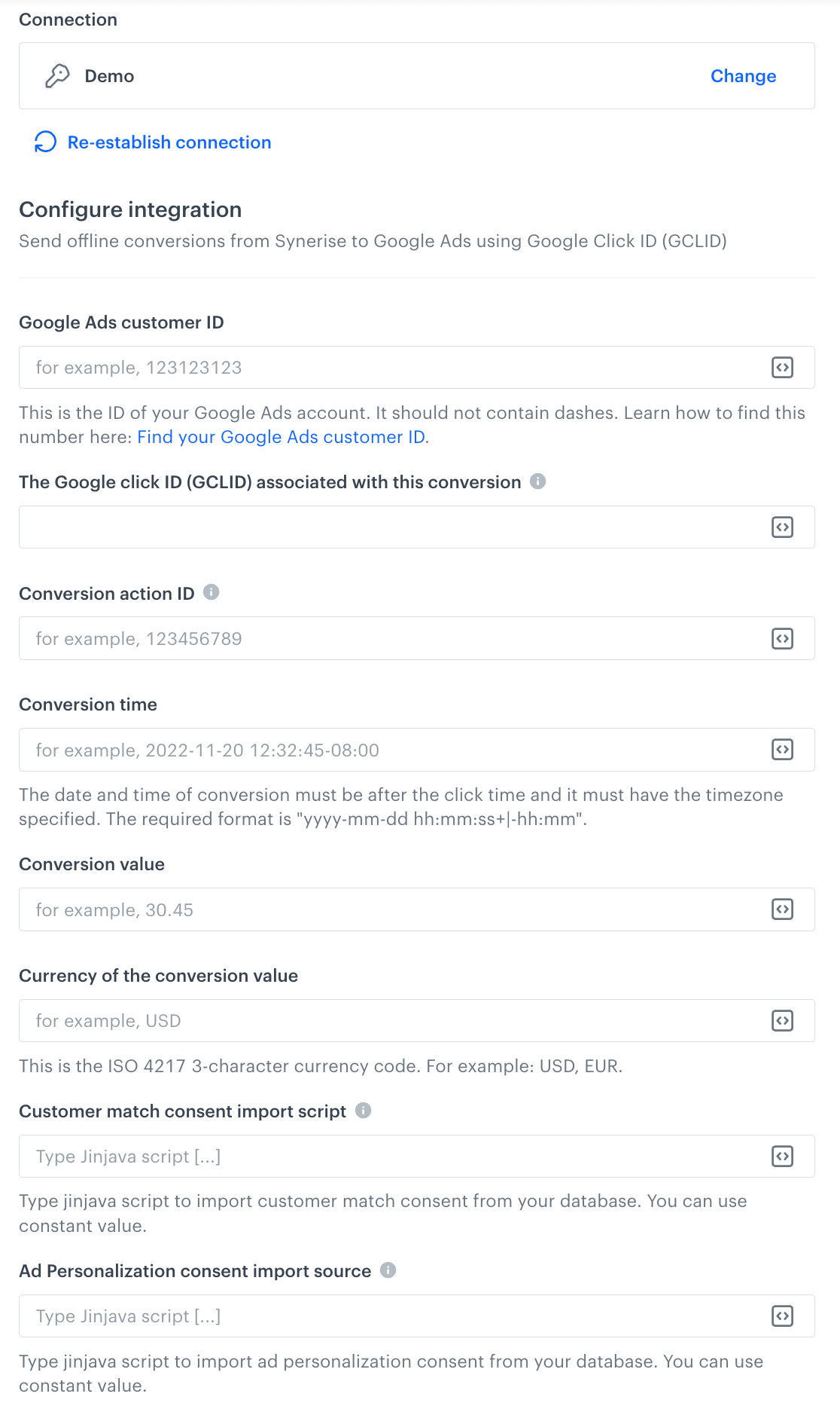 A blank configuration form in Send Offline Conversion