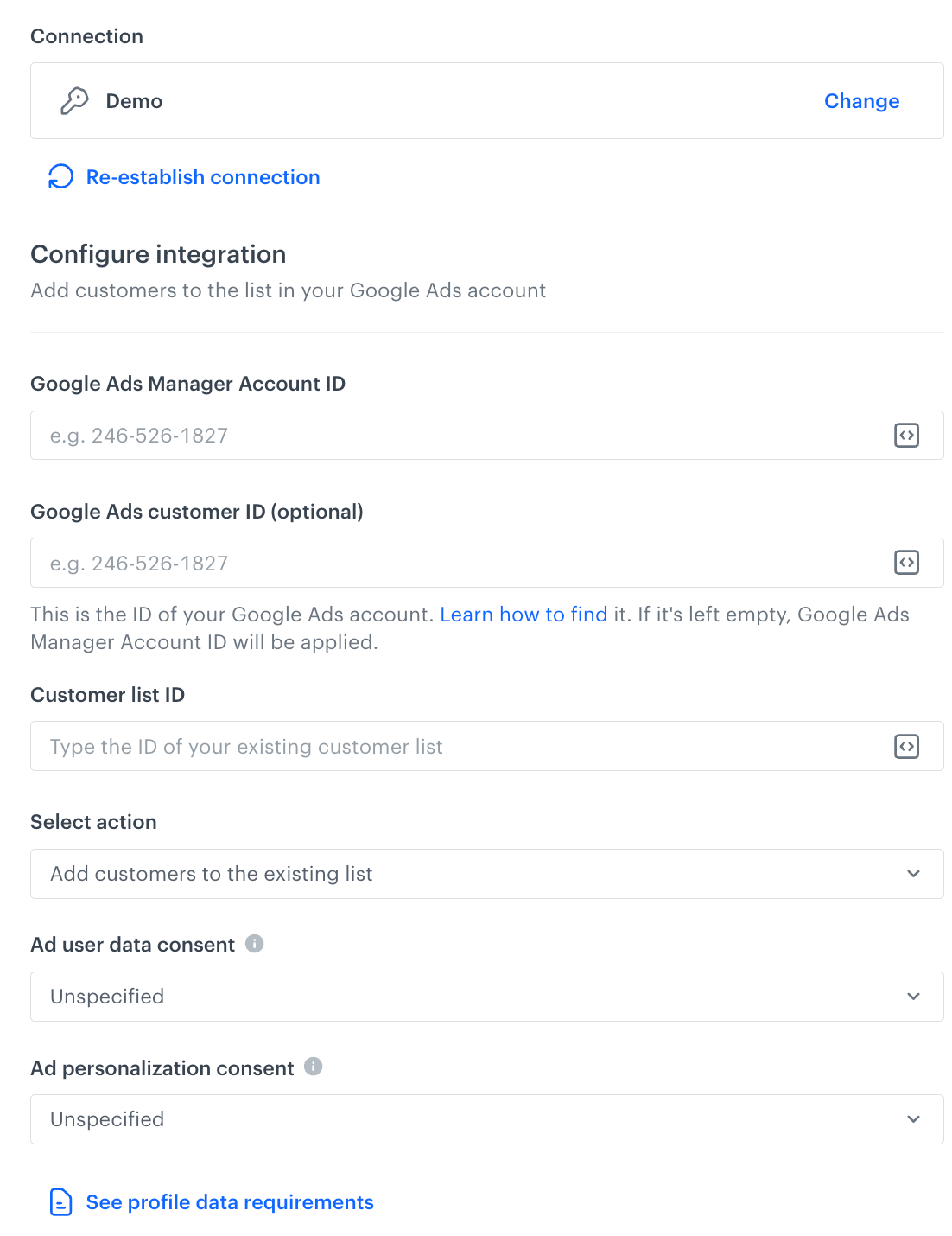 A blank configuration form in Update Customer List