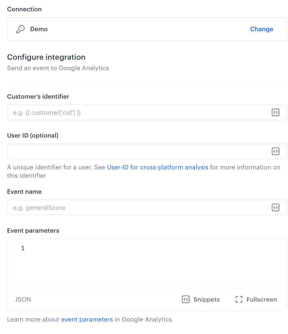 A blank configuration form in Send an Event (Google Analytics)