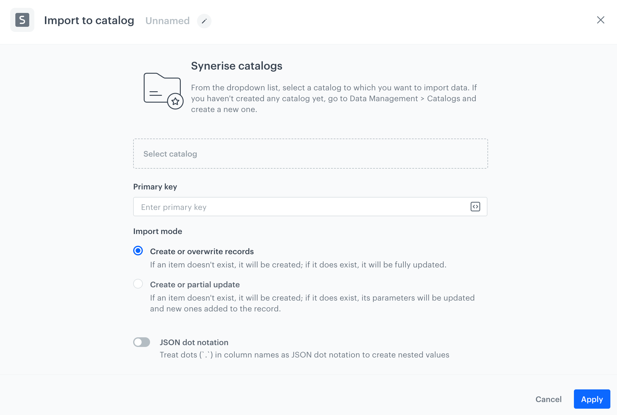 The preview of a form in the Import to catalog node