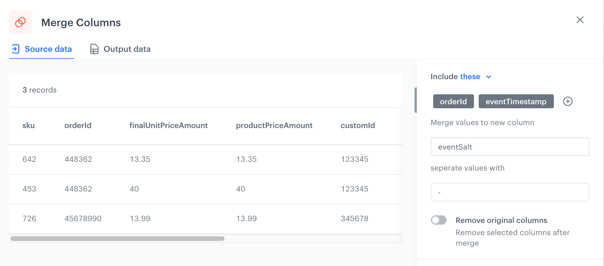 Configuration of the Merge columns node