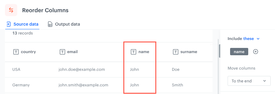 The original position of the column in an example file