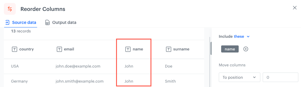 The original position of the column in an example file