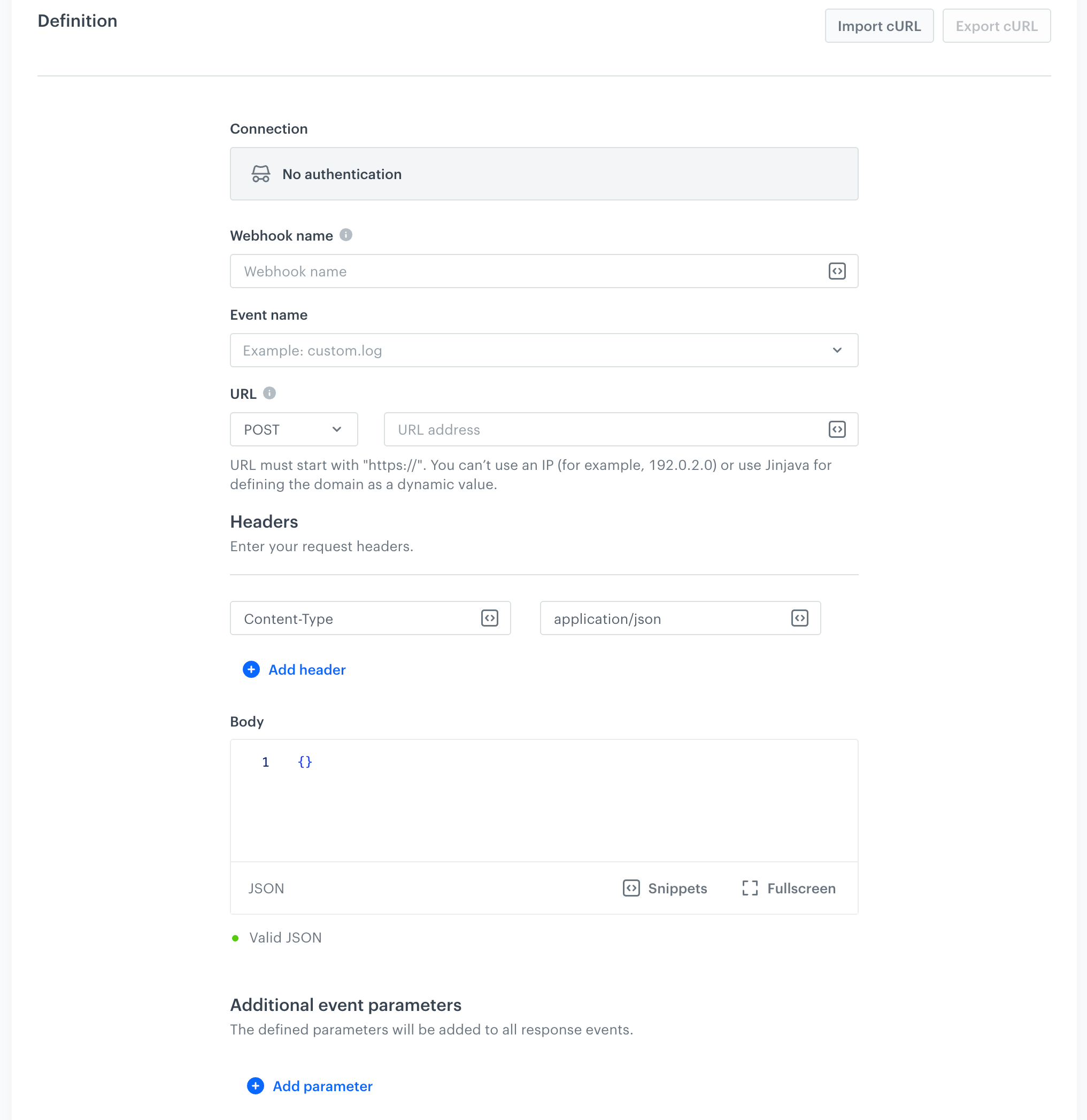 A blank configuration form of the Ougtoing integration node