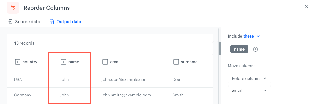 The column reordered according to the Before column option
