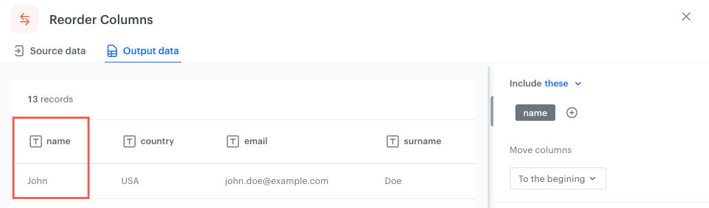The column reordered according to the To the beginning option
