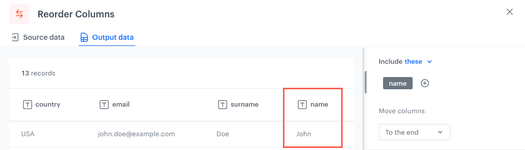 The column reordered according to the To the beginning option