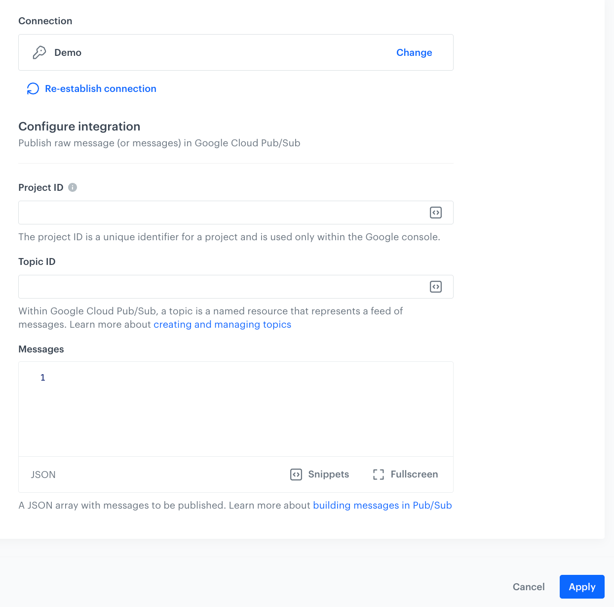 A blank configuration form in Publish Raw Messages