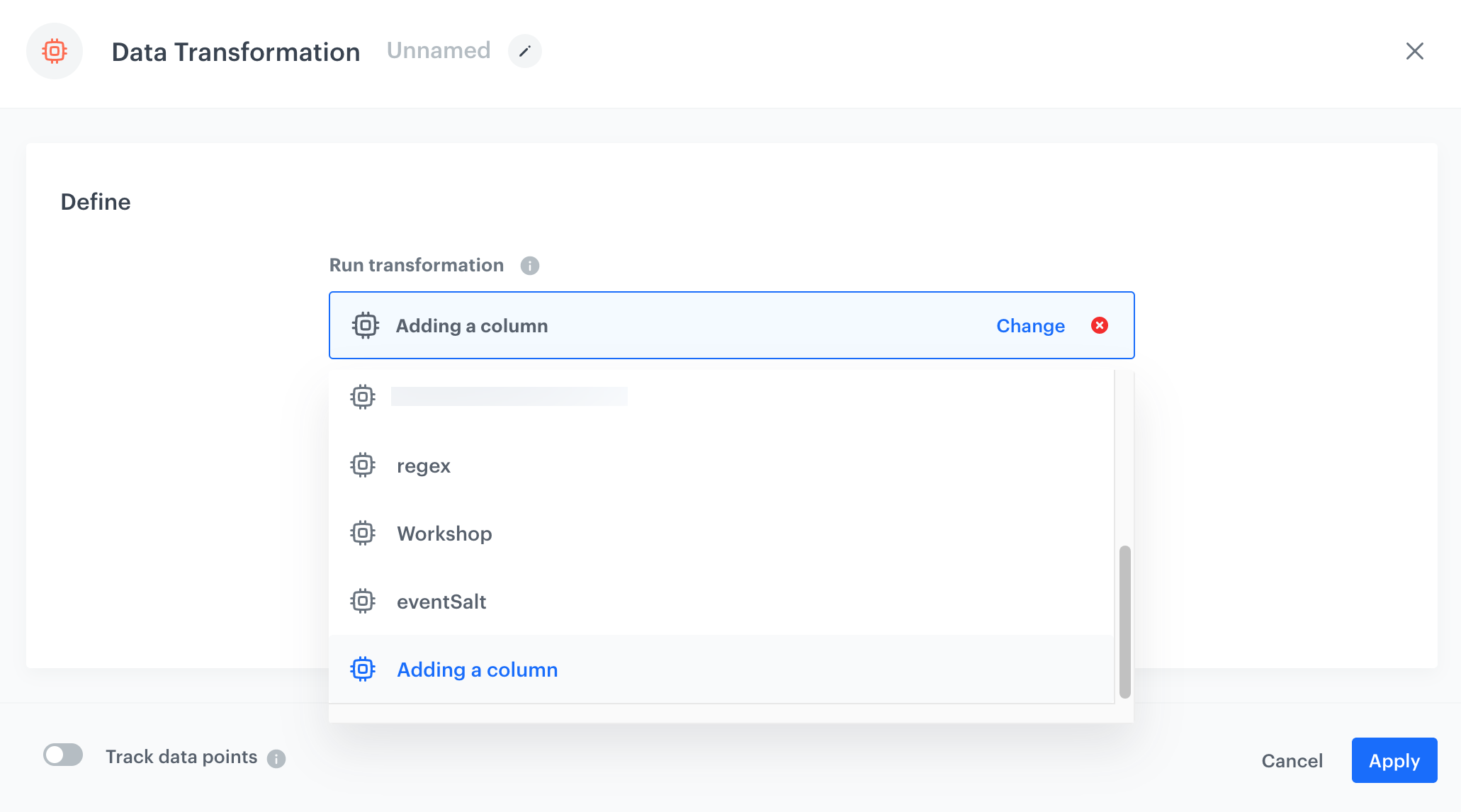 Selection of transformations in Data Transformation node