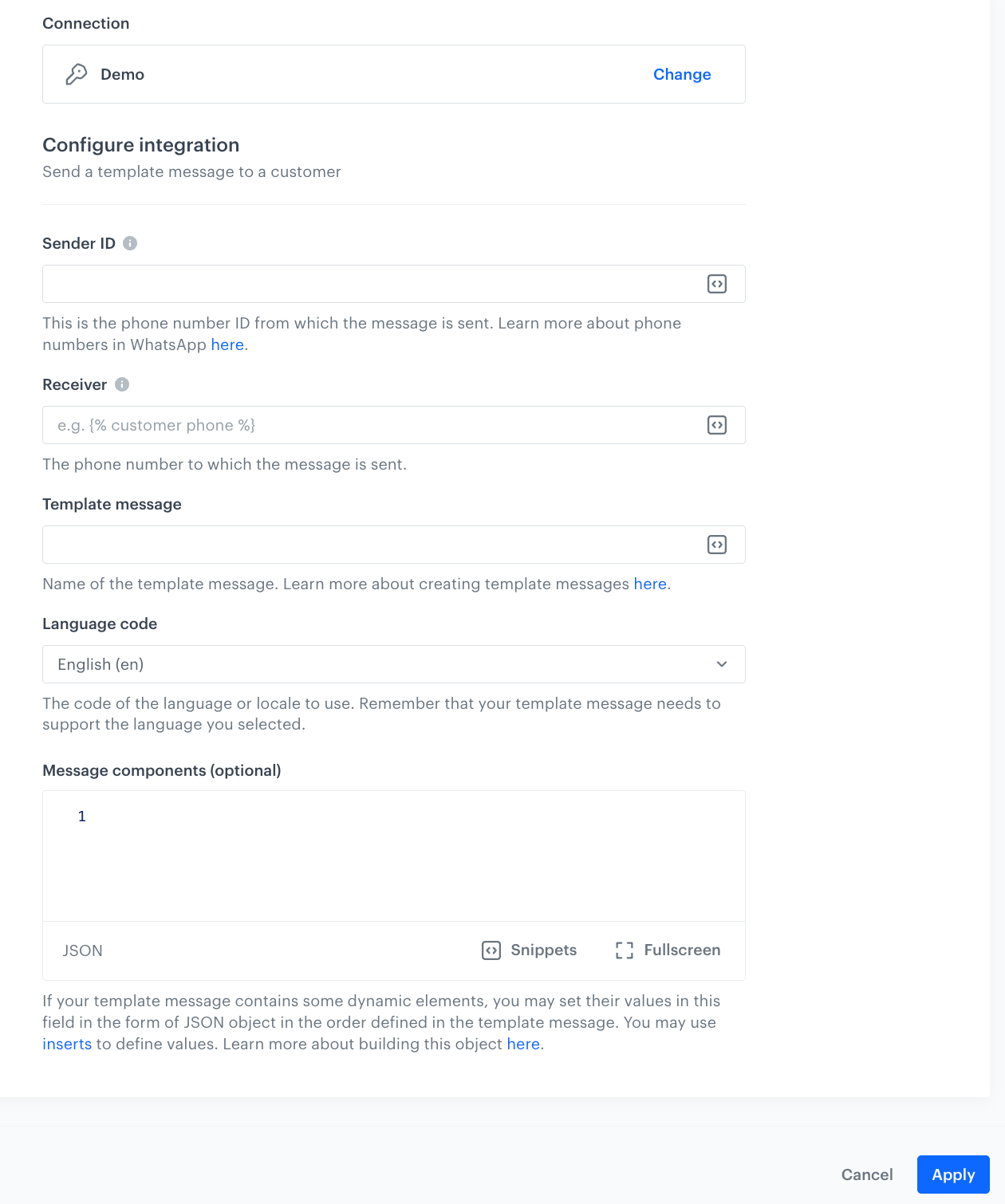 A blank configuration for Send Template Message node