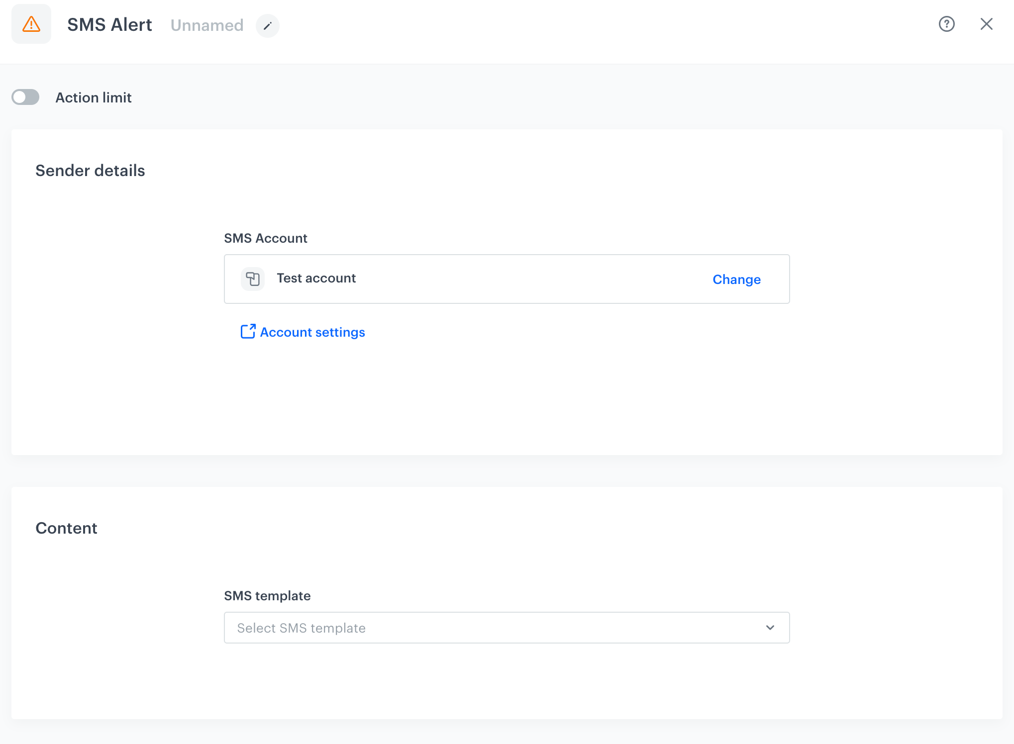 Blank SMS Alert configuration pop-up