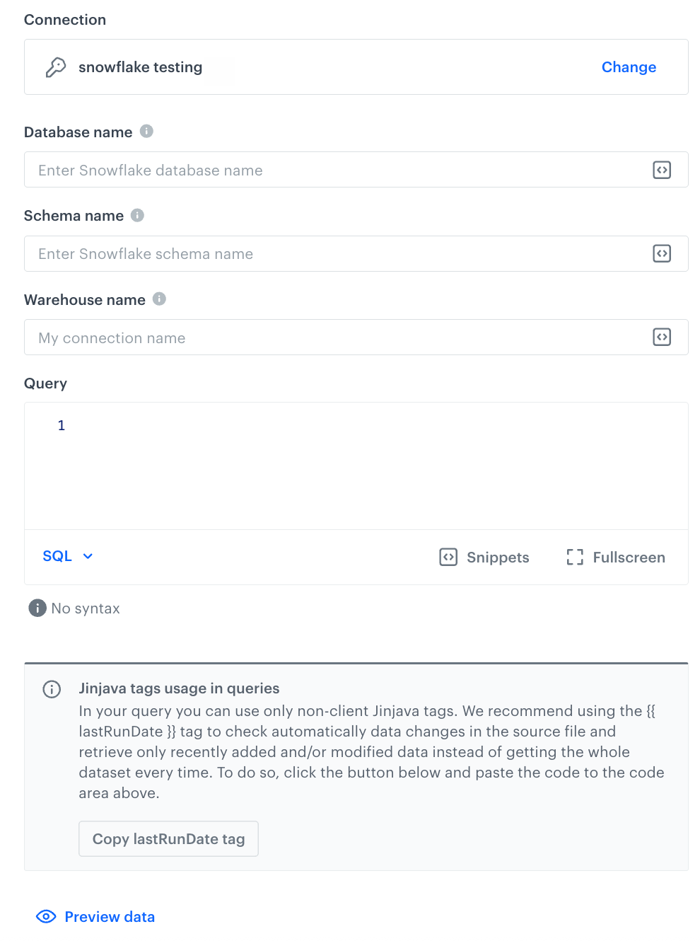A blank configuration form in Snowflake Get Data Reverse ETL node