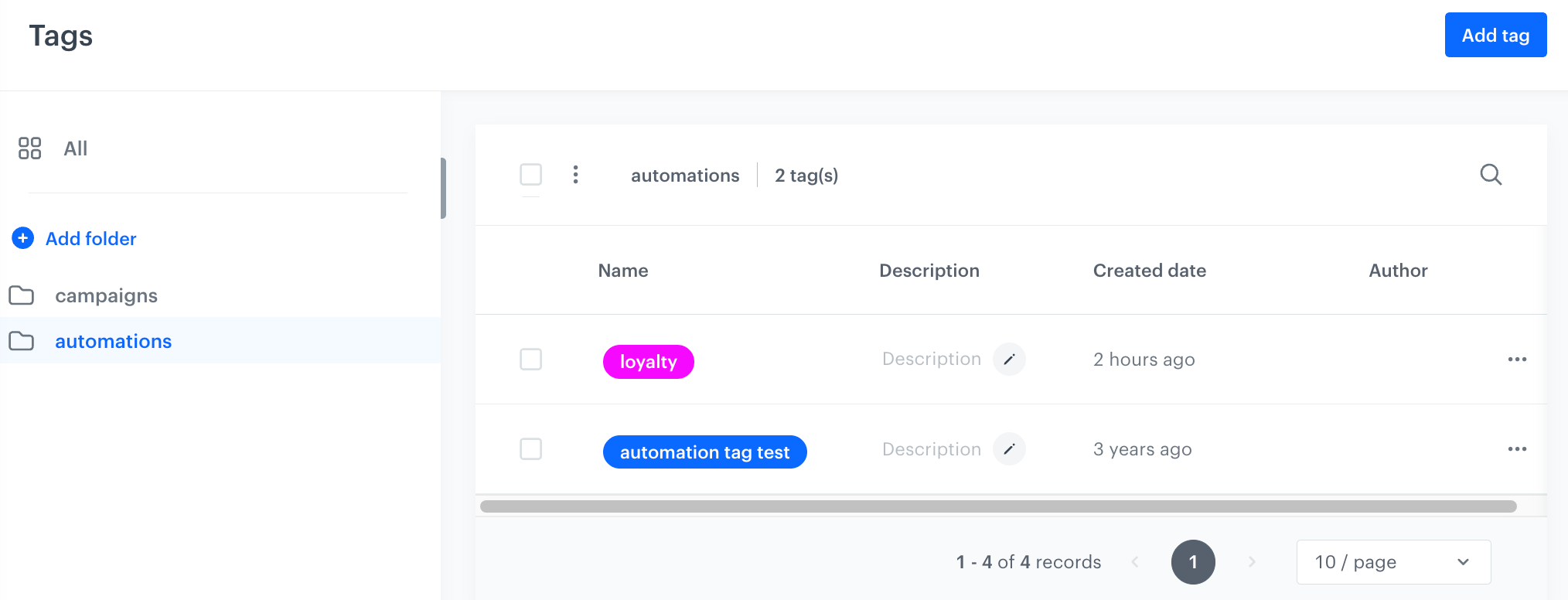 The list of tags in the predefined automations folder