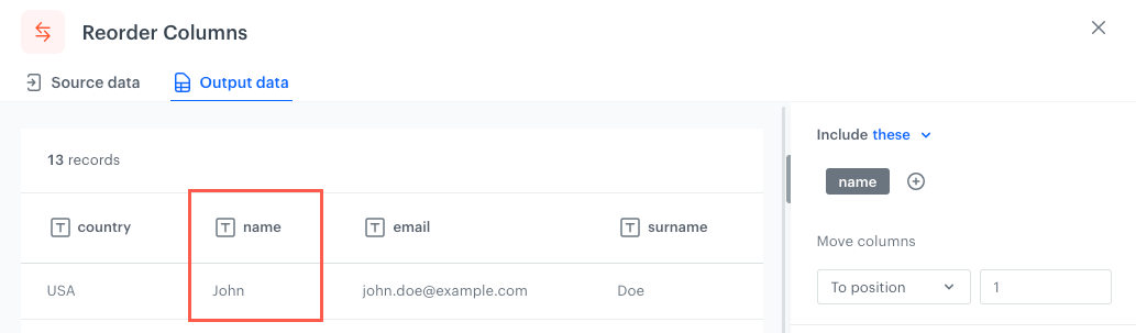 The column reordered according to the To position option
