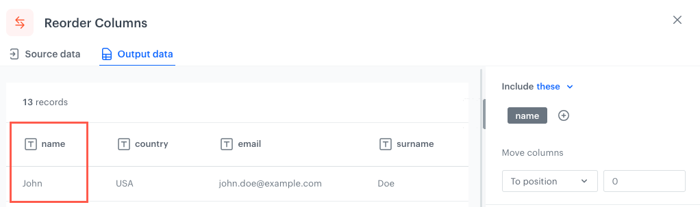 The column reordered according to the To position option