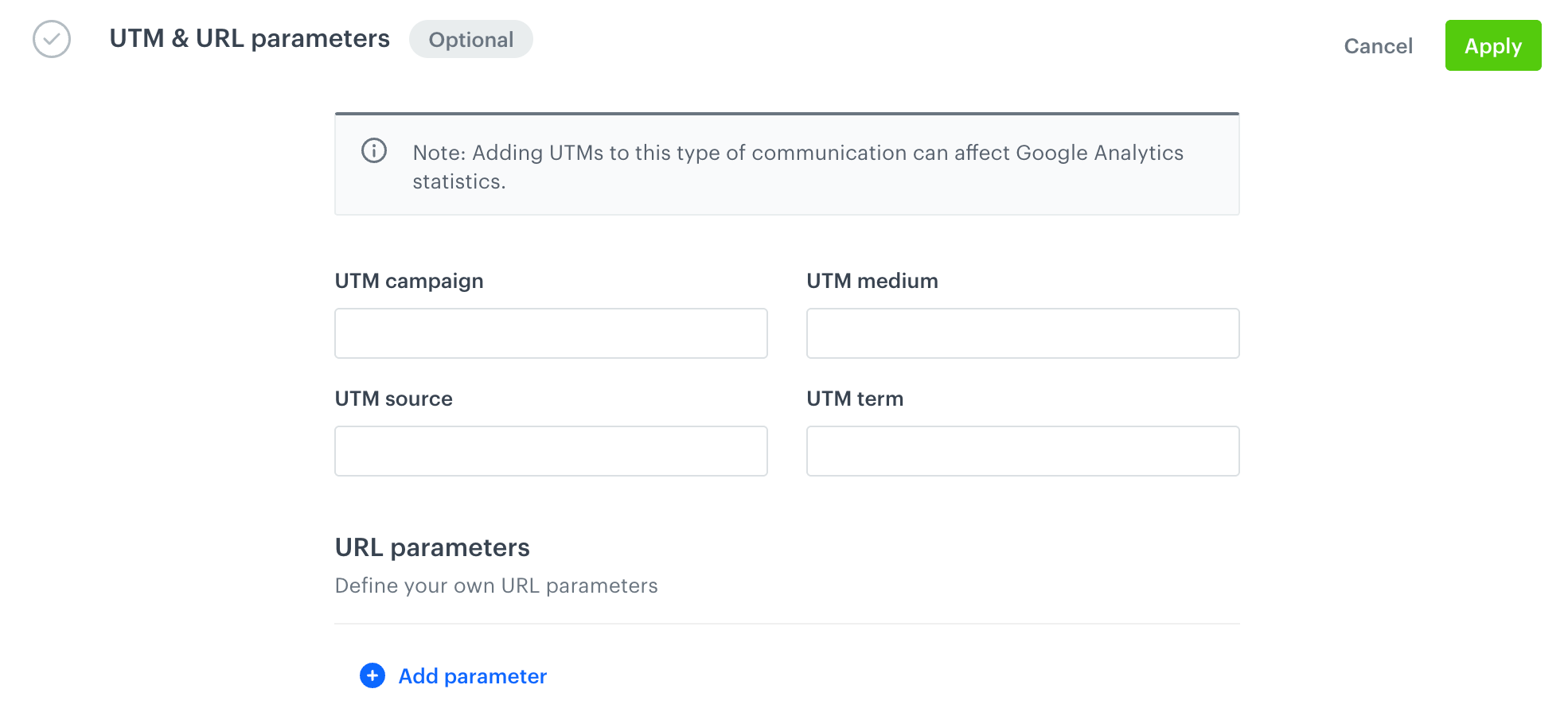 The UTM & URL parameters section in the Send Email node