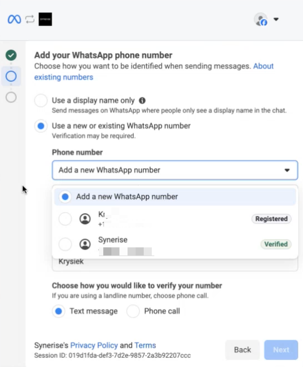 Selecting/Adding a WhatsApp number