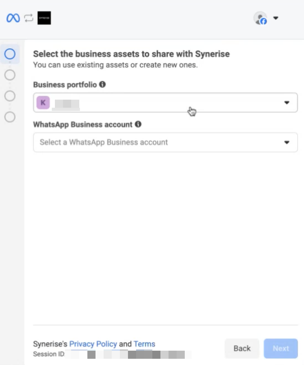 Selection/Creation of business portfolio and WhatsApp Business account