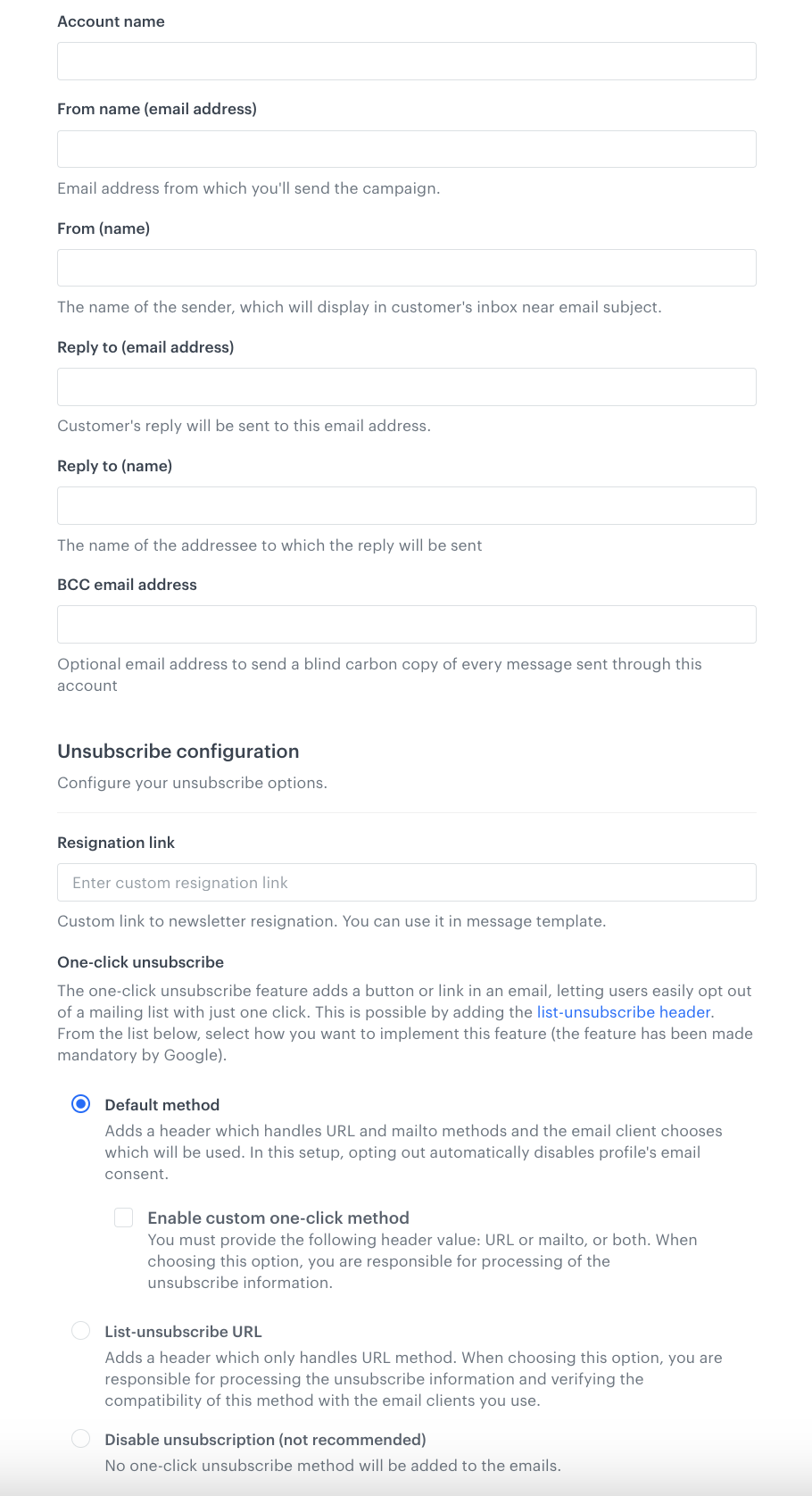 A blank sender account form