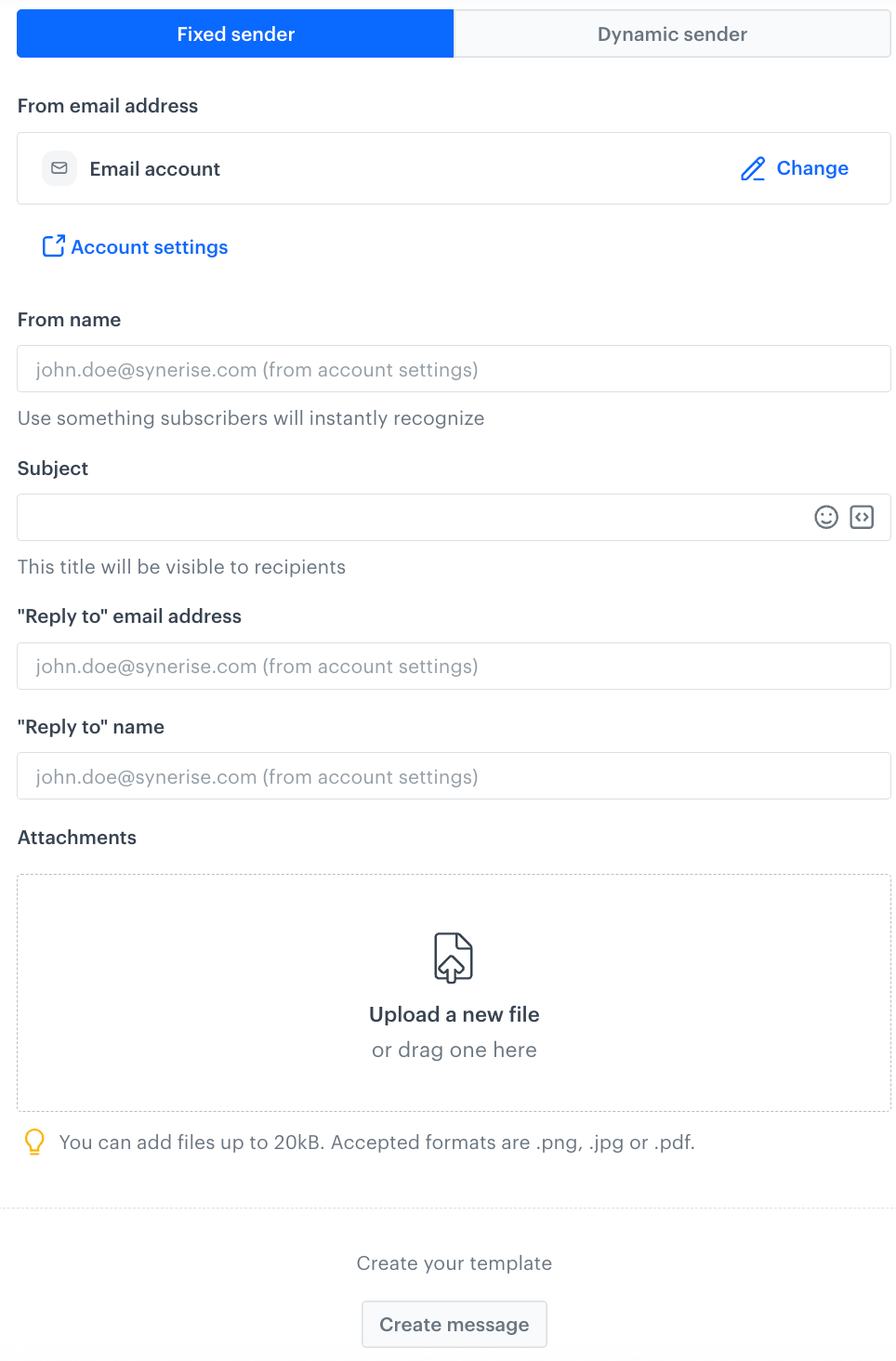 The Fixed sender tab in the Content section of the email campaign