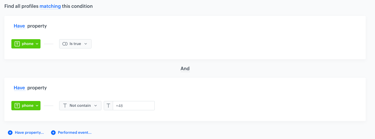 Segmentation example: profiles with phone numbers that don't contain a prefix 