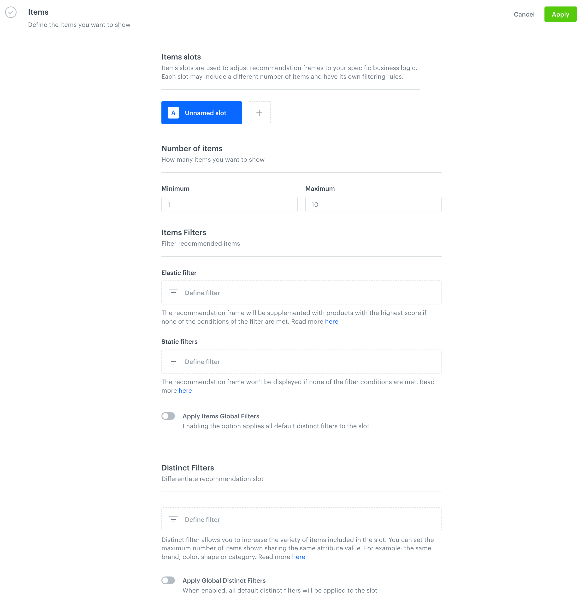 A blank form for configuring recommendation campaigns