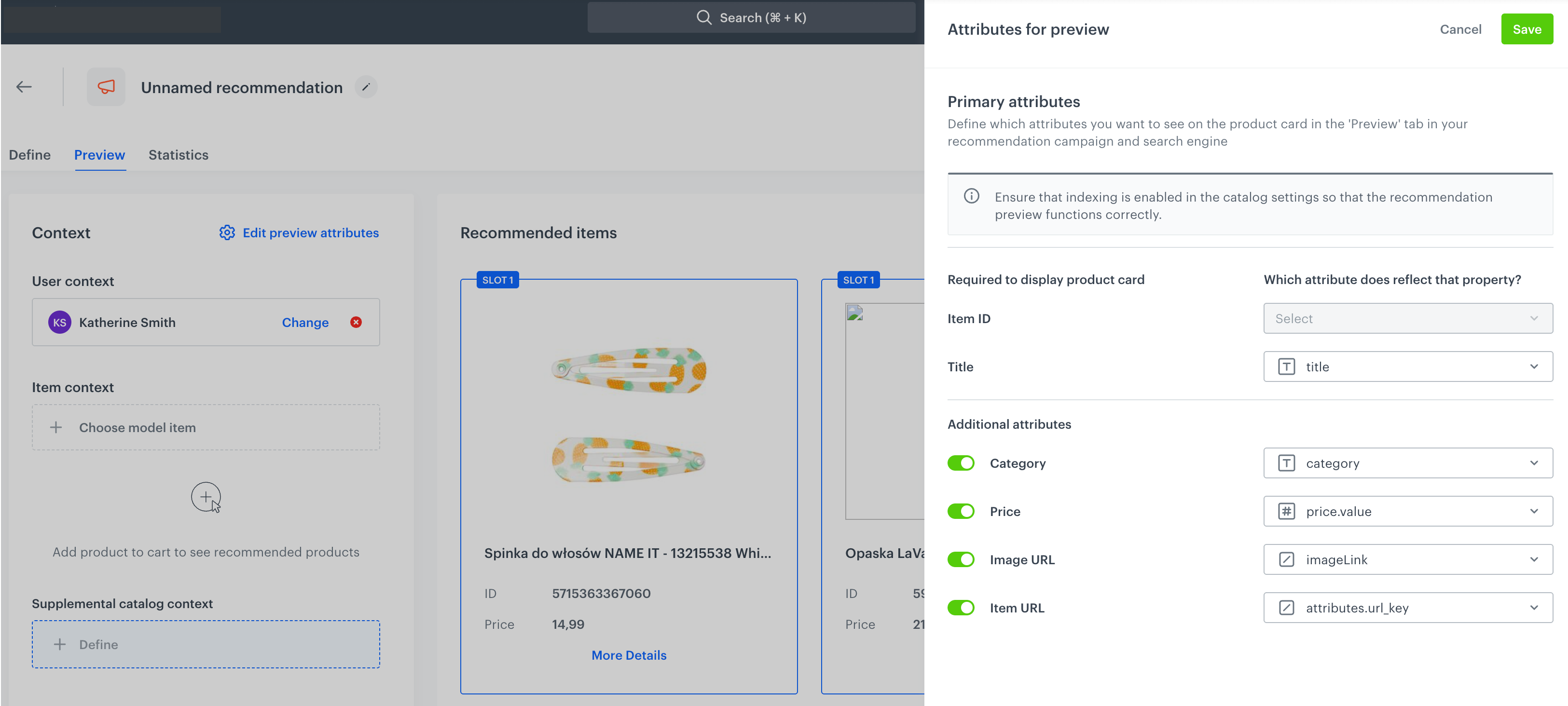 Selecting attributes for preview