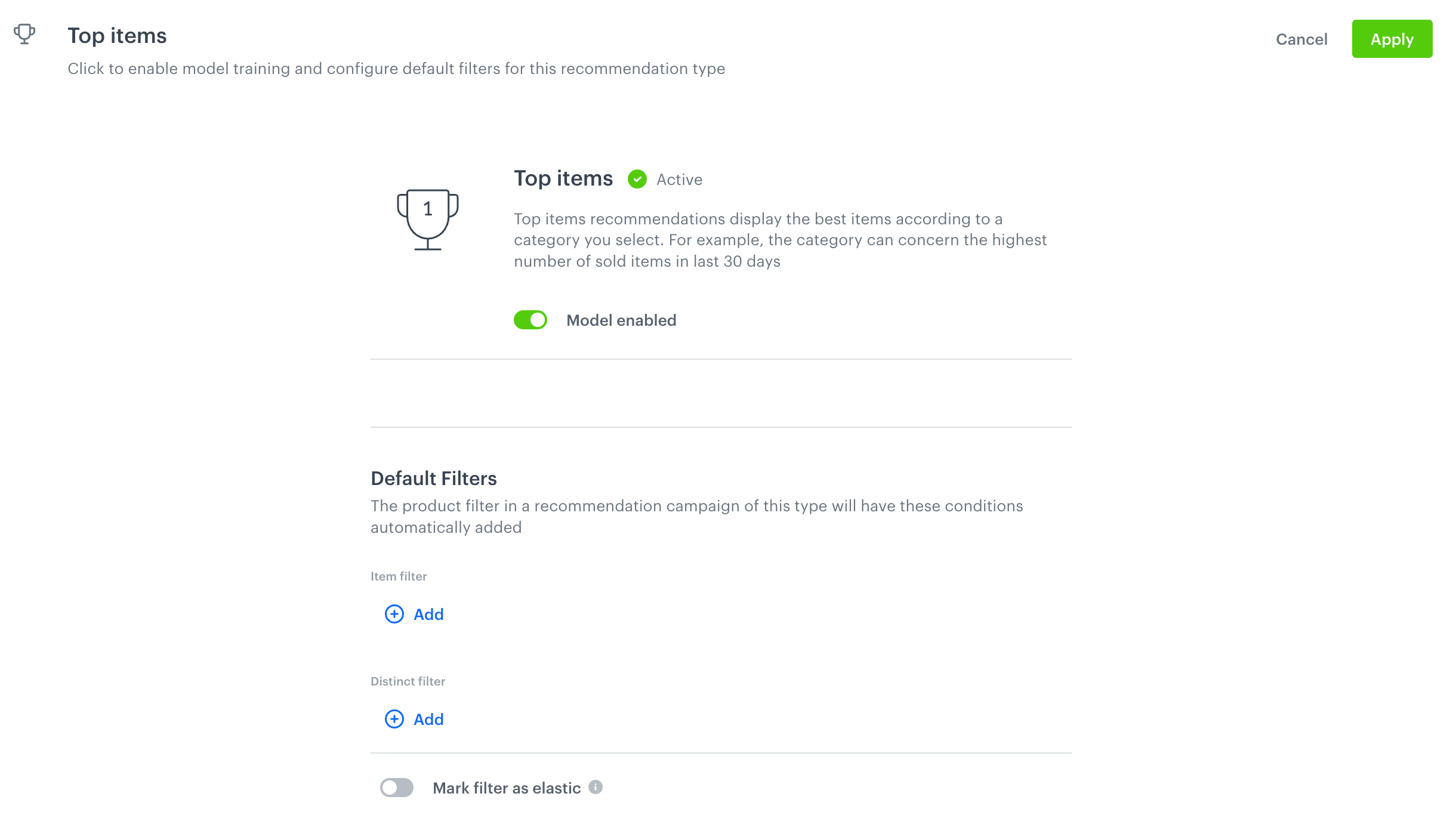 >The preview of the Top item recommendation model in AI engine configuration