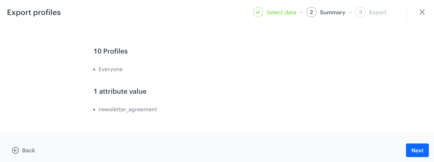 When you fill out the configuration form, you'll be presented with an export summary that shows you which profile information will be exported