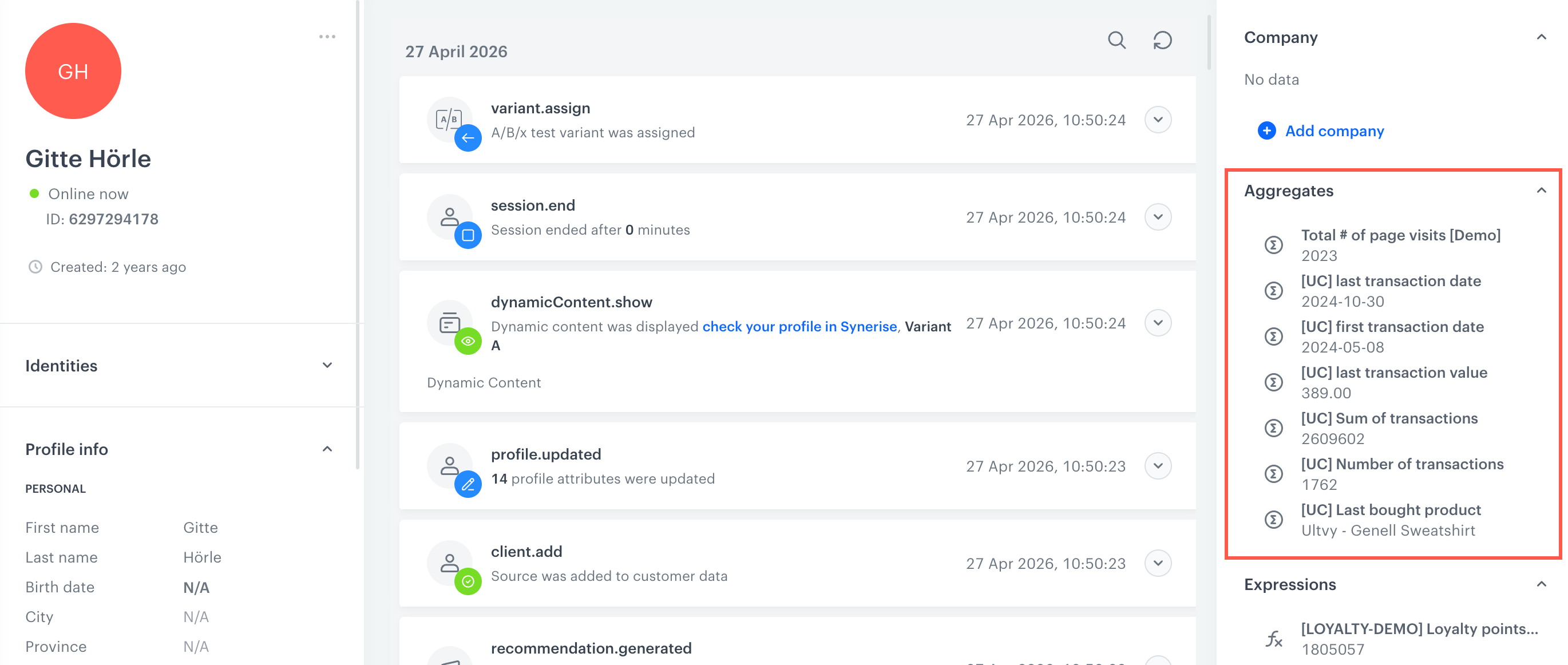 List of analyses in the profile