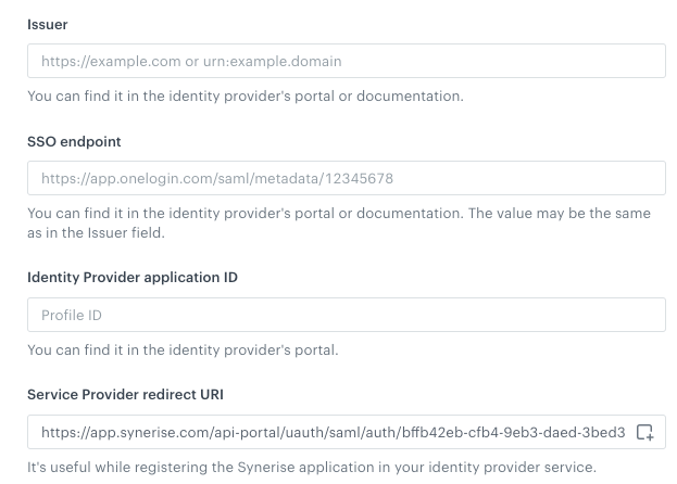 Blank SAML settings form