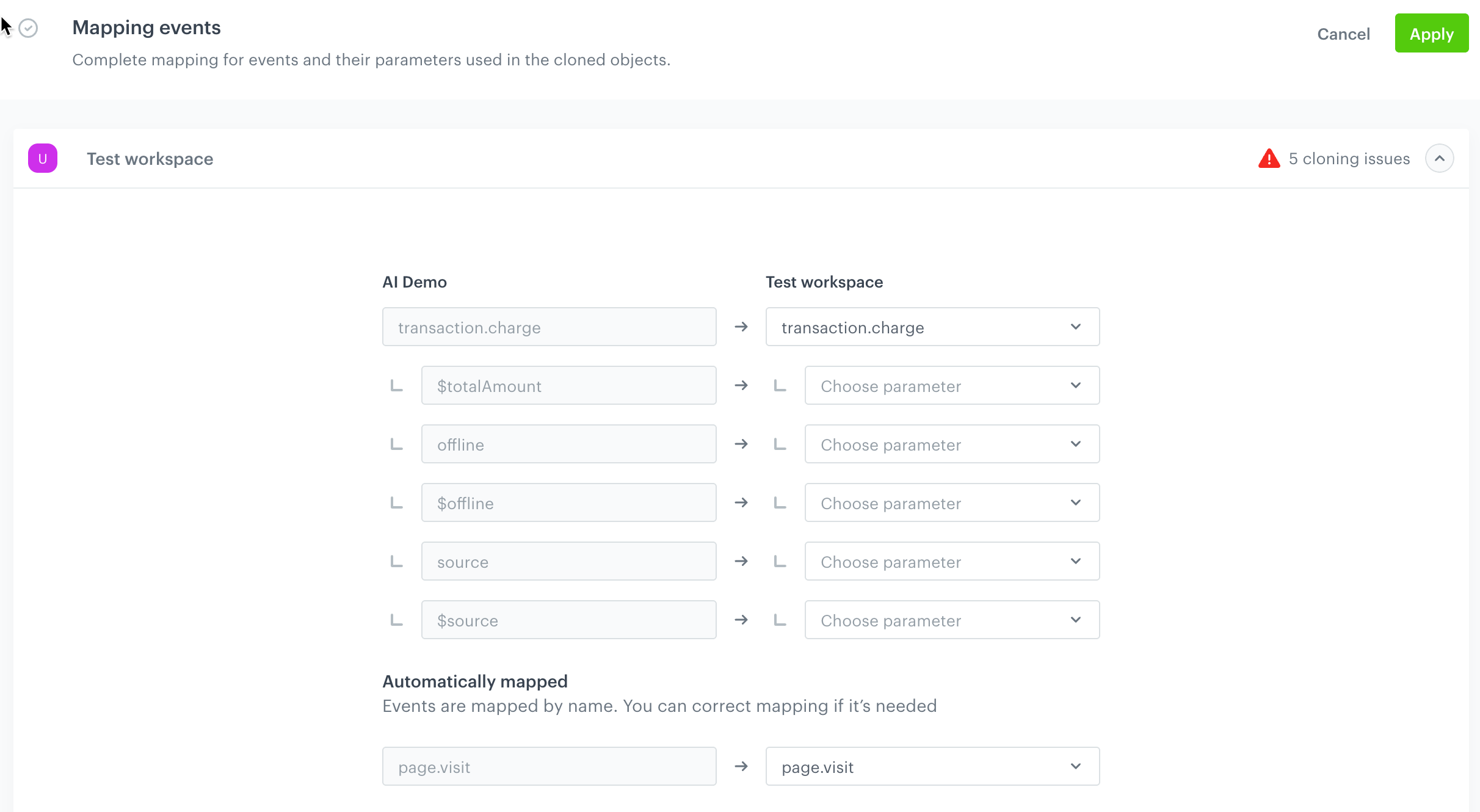 Mapping events used in one of the objects in the prediction