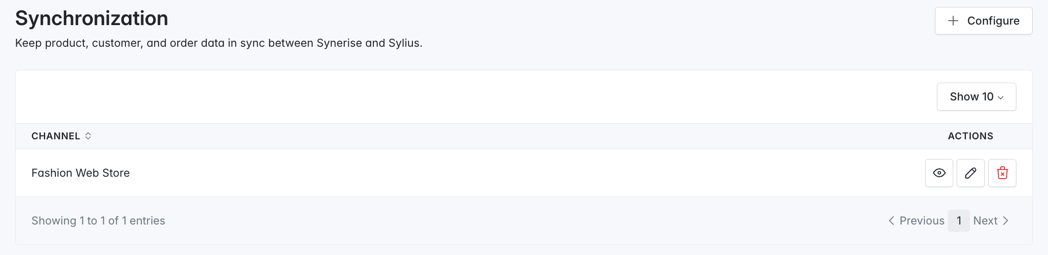 A synchronization for a Sylius channel available on the list of synchronizations